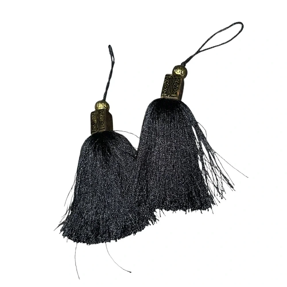 Vintage Black‎ Tassel Pair Brass Caps Gothic Victorian Decor Trim